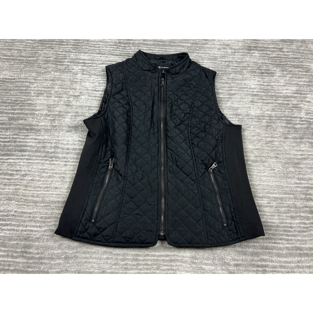 New Directions Vest Womens Medium Black Quilted Puffer Zip Up Ribbed Side Panels